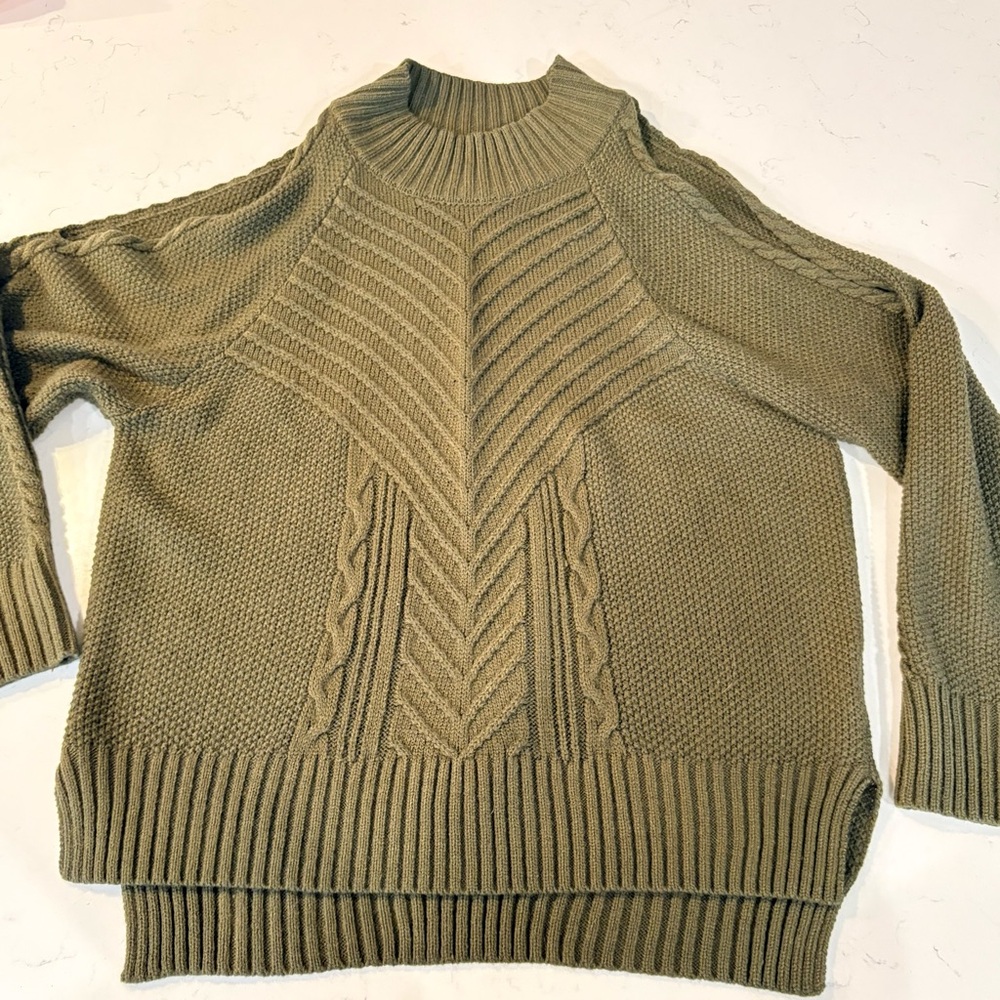 Angashion Olive Green Mock Neck Cable Knit Sweater Medium